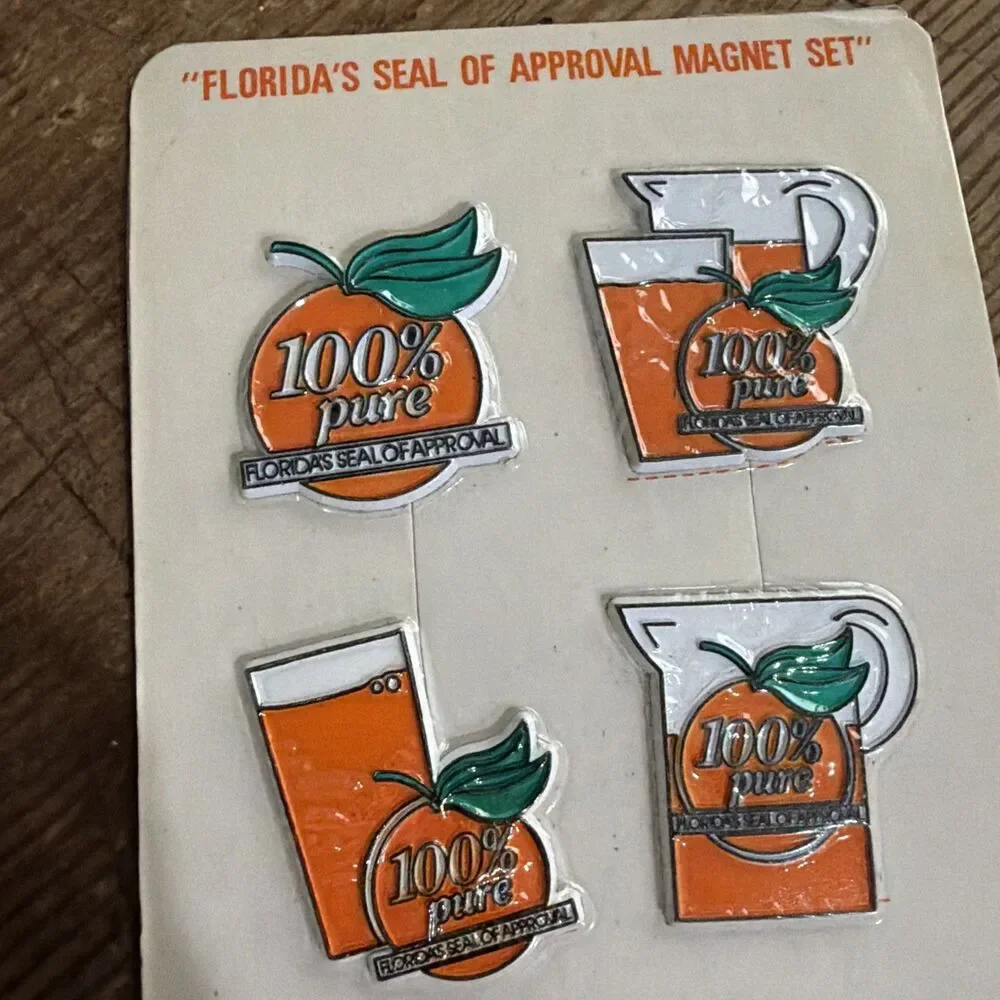 VINTAGE FRIDGE MAGNETS 100% PURE FLORIDA ORANGE JUICE NEW With Packaging
